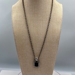 Vintage Style Silver Tone Black Onyx Style Pendant Necklace Ornate Rope Chain